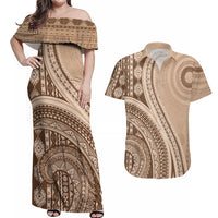 Bula Fiji Vintage Tapa Couples Matching Off Shoulder Maxi Dress and Hawaiian Shirt Kaivity Masi Wave Motifs - Mocha