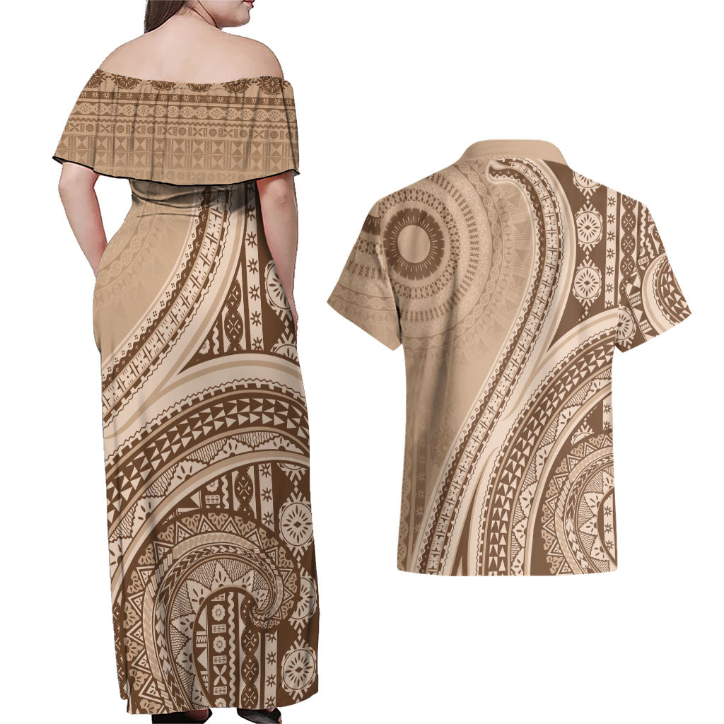 Bula Fiji Vintage Tapa Couples Matching Off Shoulder Maxi Dress and Hawaiian Shirt Kaivity Masi Wave Motifs - Mocha