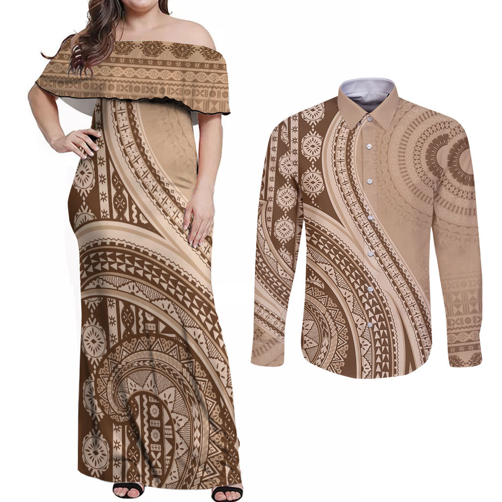 Bula Fiji Vintage Tapa Couples Matching Off Shoulder Maxi Dress and Long Sleeve Button Shirt Kaivity Masi Wave Motifs - Mocha