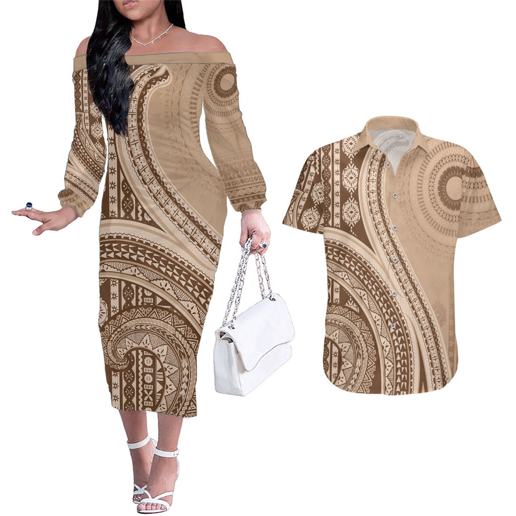 Bula Fiji Vintage Tapa Couples Matching Off The Shoulder Long Sleeve Dress and Hawaiian Shirt Kaivity Masi Wave Motifs - Mocha