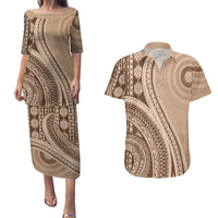 Bula Fiji Vintage Tapa Couples Matching Puletasi and Hawaiian Shirt Kaivity Masi Wave Motifs - Mocha