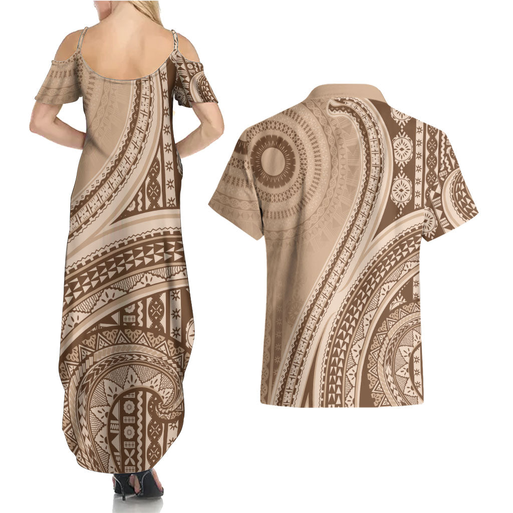 Bula Fiji Vintage Tapa Couples Matching Summer Maxi Dress and Hawaiian Shirt Kaivity Masi Wave Motifs - Mocha