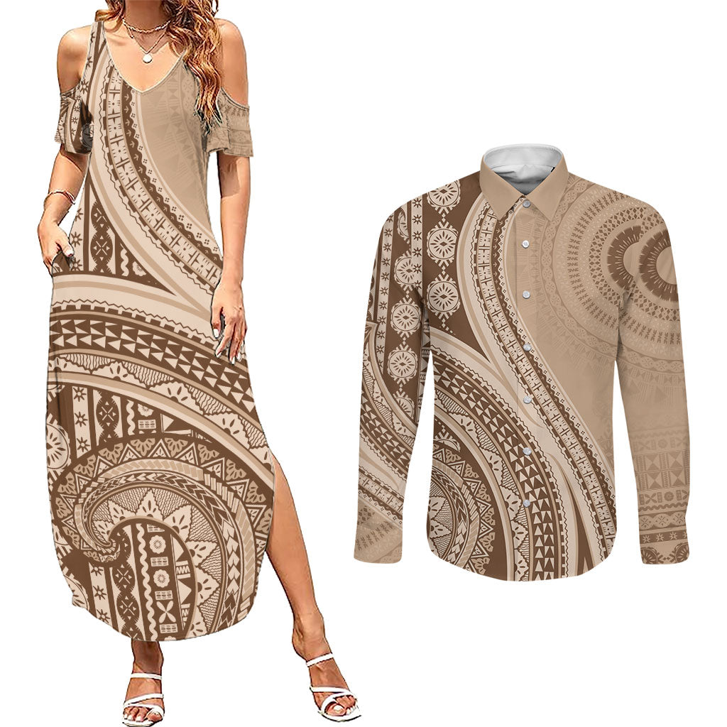 Bula Fiji Vintage Tapa Couples Matching Summer Maxi Dress and Long Sleeve Button Shirt Kaivity Masi Wave Motifs - Mocha