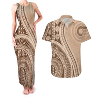 Bula Fiji Vintage Tapa Couples Matching Tank Maxi Dress and Hawaiian Shirt Kaivity Masi Wave Motifs - Mocha