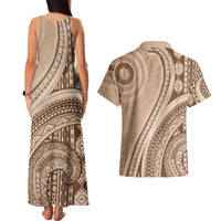 Bula Fiji Vintage Tapa Couples Matching Tank Maxi Dress and Hawaiian Shirt Kaivity Masi Wave Motifs - Mocha