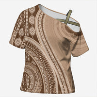 Bula Fiji Vintage Tapa Cross Shoulder Shirt Kaivity Masi Wave Motifs - Mocha