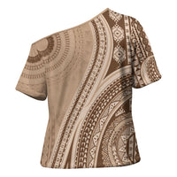 Bula Fiji Vintage Tapa Cross Shoulder Shirt Kaivity Masi Wave Motifs - Mocha
