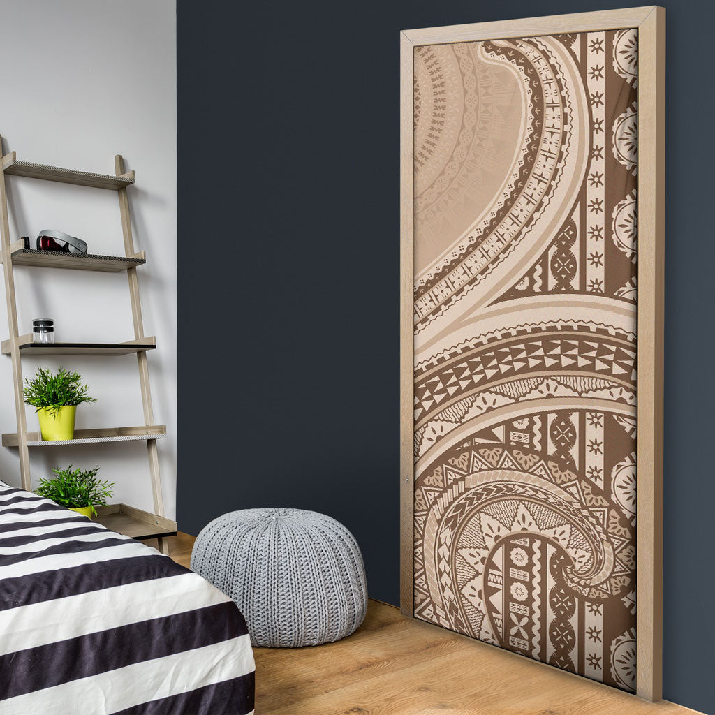 Bula Fiji Vintage Tapa Door Cover Kaivity Masi Wave Motifs - Mocha LT7 - Polynesian Pride