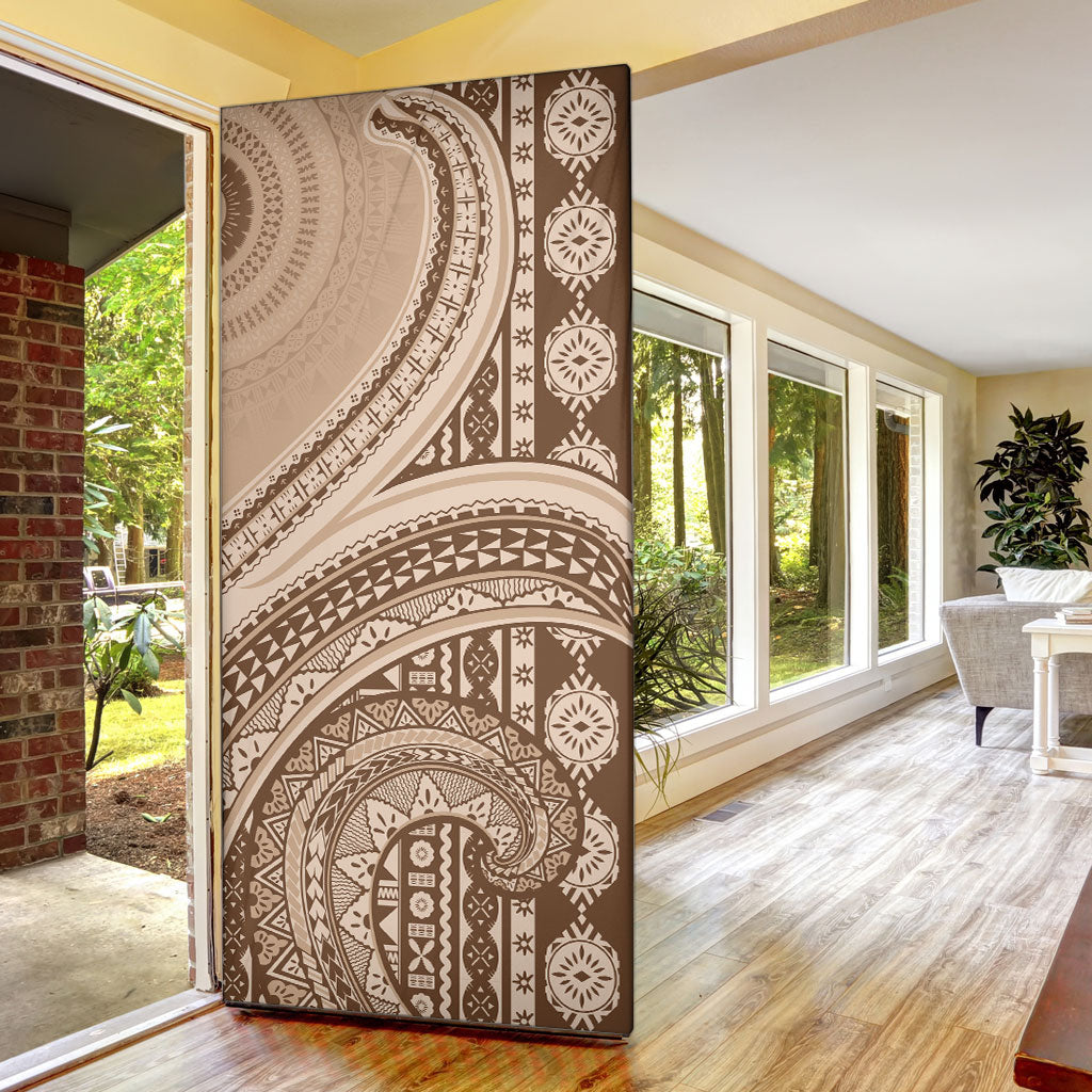 Bula Fiji Vintage Tapa Door Cover Kaivity Masi Wave Motifs - Mocha LT7 - Polynesian Pride
