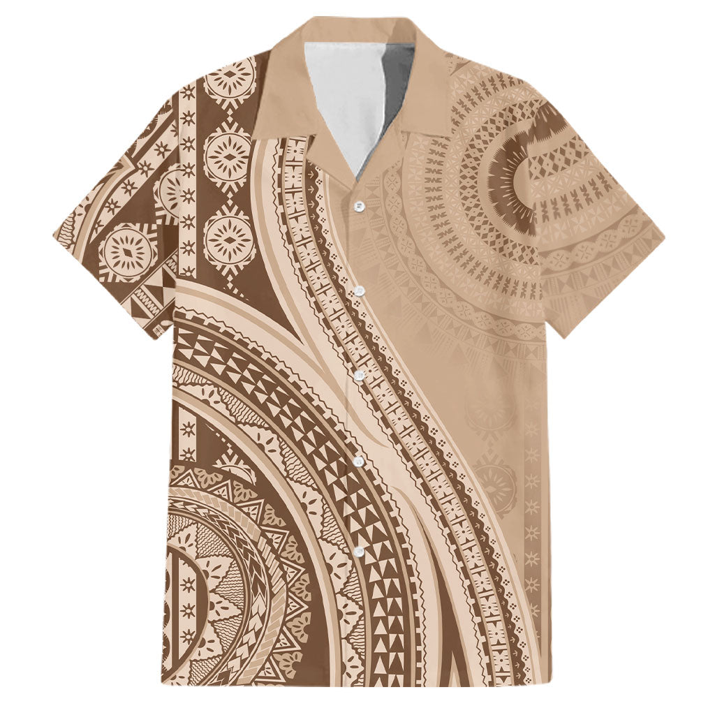 Bula Fiji Vintage Tapa Family Matching Long Sleeve Bodycon Dress and Hawaiian Shirt Kaivity Masi Wave Motifs - Mocha
