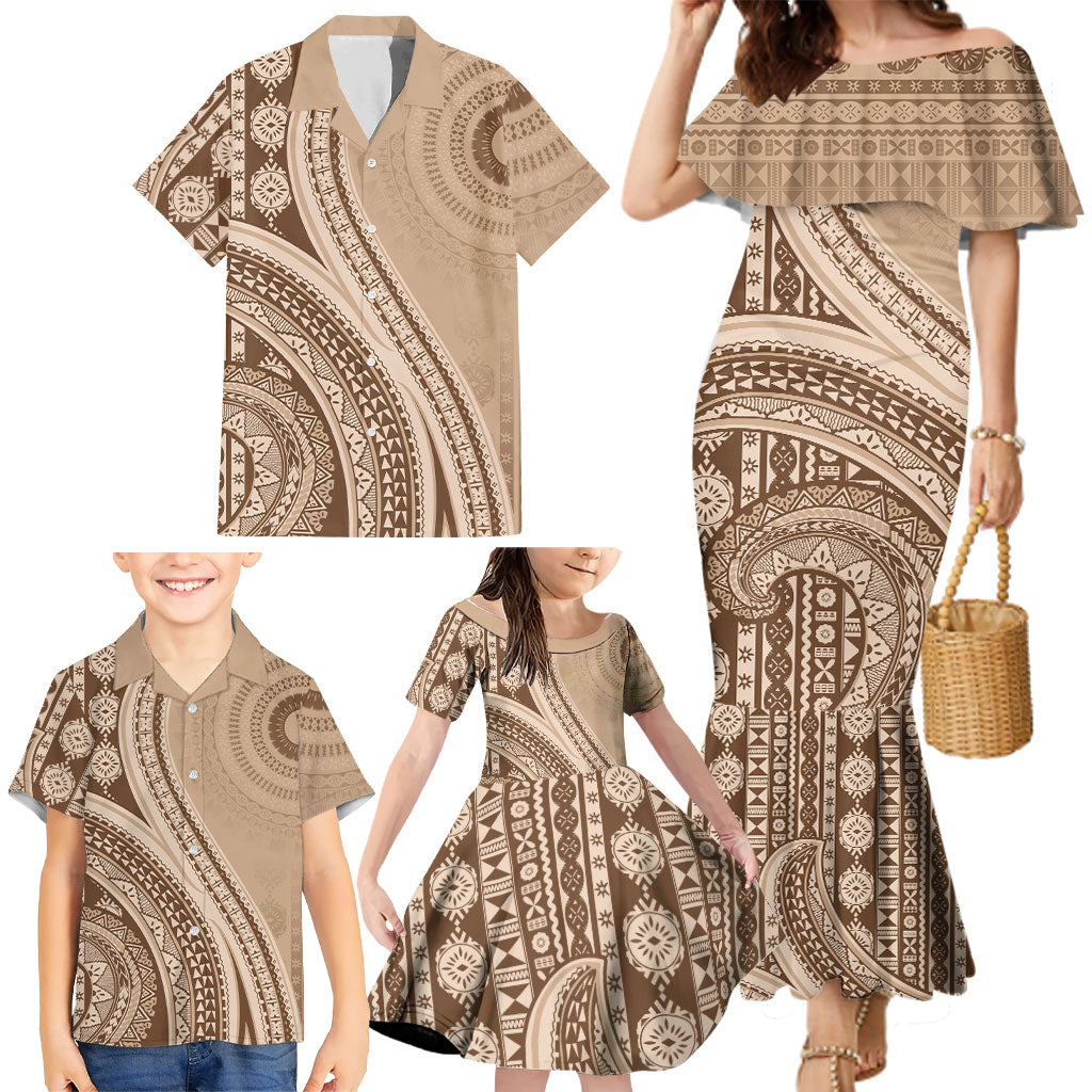Bula Fiji Vintage Tapa Family Matching Mermaid Dress and Hawaiian Shirt Kaivity Masi Wave Motifs - Mocha