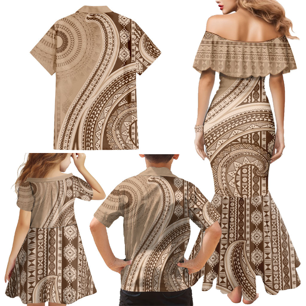 Bula Fiji Vintage Tapa Family Matching Mermaid Dress and Hawaiian Shirt Kaivity Masi Wave Motifs - Mocha