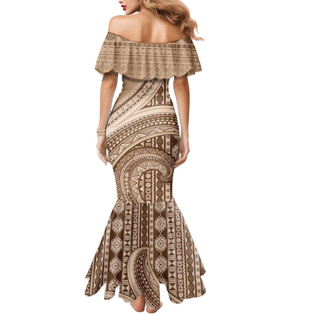 Bula Fiji Vintage Tapa Family Matching Mermaid Dress and Hawaiian Shirt Kaivity Masi Wave Motifs - Mocha