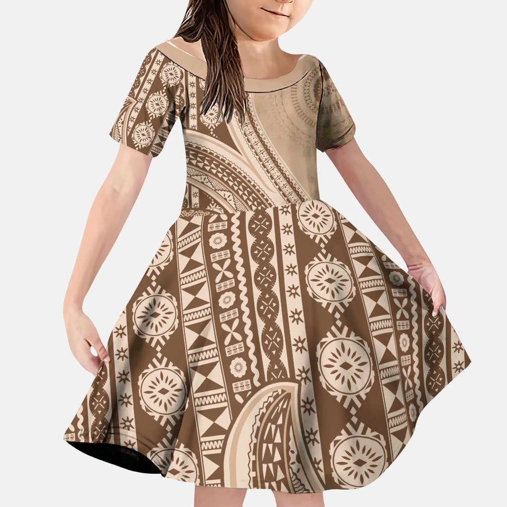 Bula Fiji Vintage Tapa Family Matching Off The Shoulder Long Sleeve Dress and Hawaiian Shirt Kaivity Masi Wave Motifs - Mocha