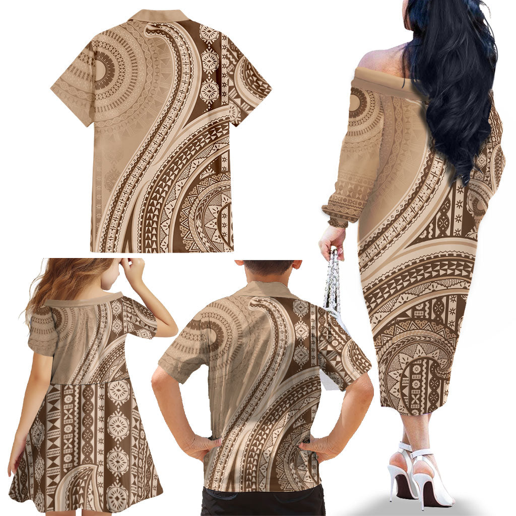 Bula Fiji Vintage Tapa Family Matching Off The Shoulder Long Sleeve Dress and Hawaiian Shirt Kaivity Masi Wave Motifs - Mocha