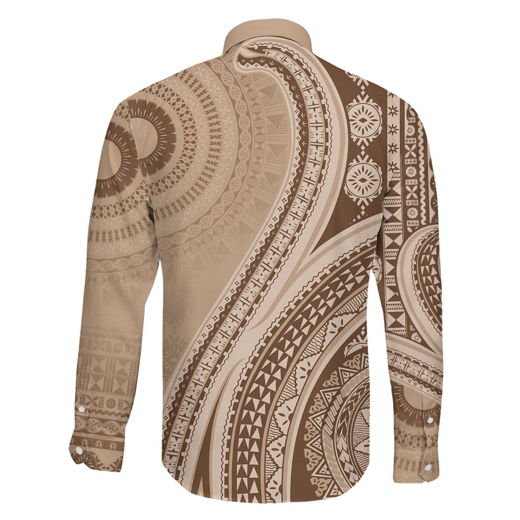 Bula Fiji Vintage Tapa Family Matching Off The Shoulder Long Sleeve Dress and Hawaiian Shirt Kaivity Masi Wave Motifs - Mocha
