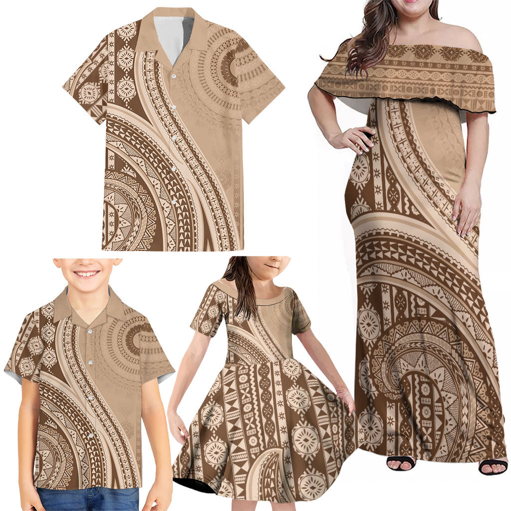 Bula Fiji Vintage Tapa Family Matching Off Shoulder Maxi Dress and Hawaiian Shirt Kaivity Masi Wave Motifs - Mocha