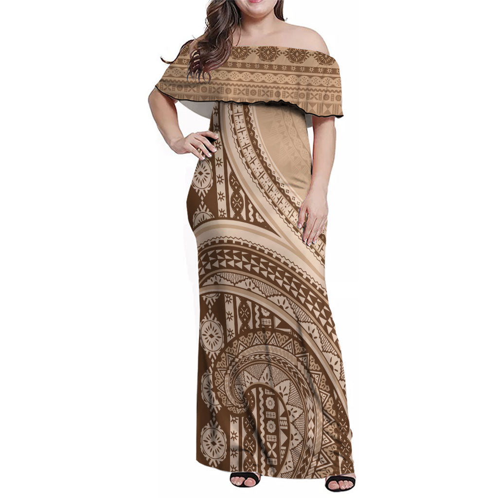 Bula Fiji Vintage Tapa Family Matching Off Shoulder Maxi Dress and Hawaiian Shirt Kaivity Masi Wave Motifs - Mocha