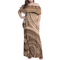 Bula Fiji Vintage Tapa Family Matching Off Shoulder Maxi Dress and Hawaiian Shirt Kaivity Masi Wave Motifs - Mocha