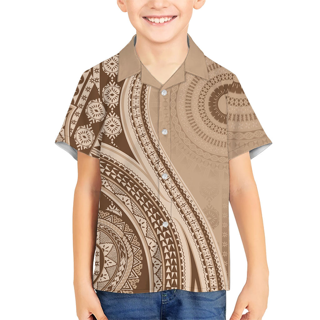 Bula Fiji Vintage Tapa Family Matching Off Shoulder Maxi Dress and Hawaiian Shirt Kaivity Masi Wave Motifs - Mocha
