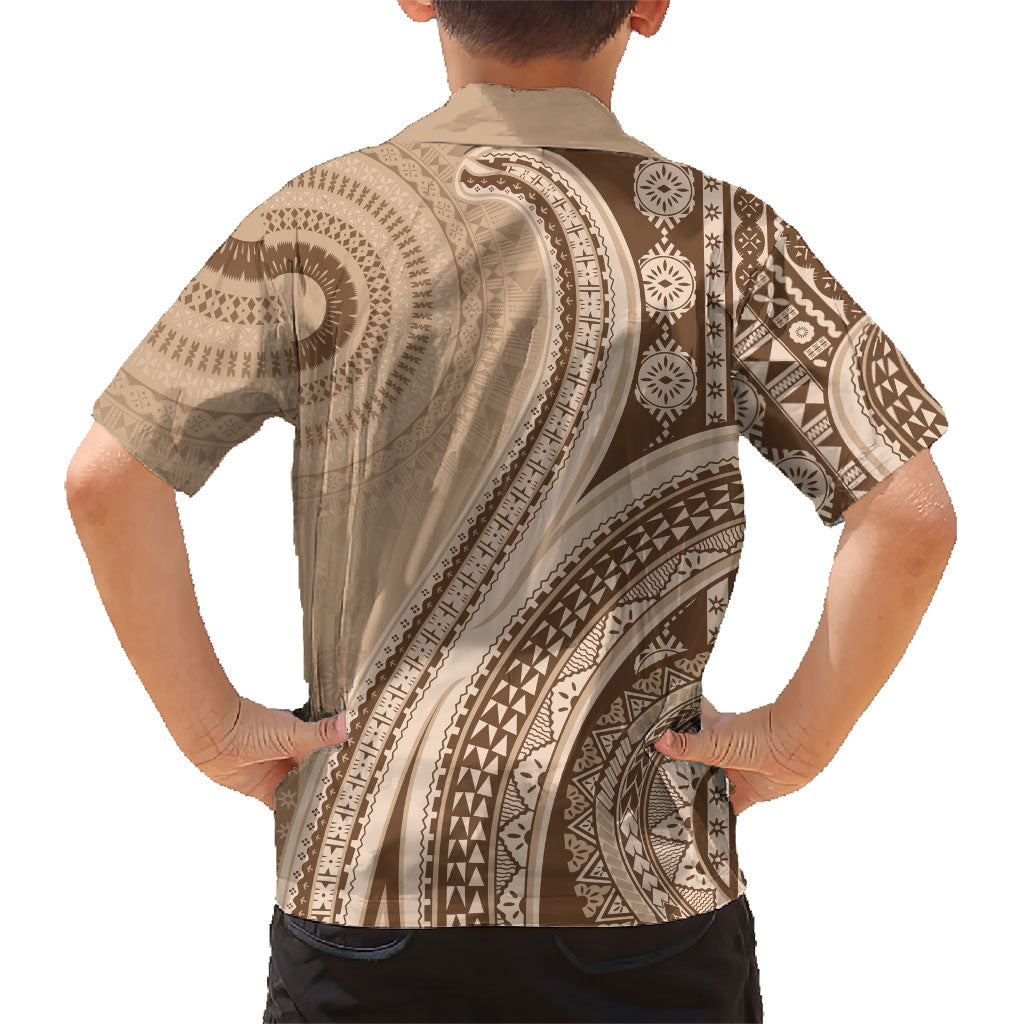 Bula Fiji Vintage Tapa Family Matching Off Shoulder Short Dress and Hawaiian Shirt Kaivity Masi Wave Motifs - Mocha