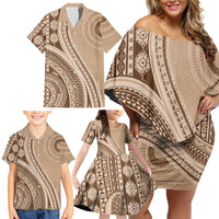 Bula Fiji Vintage Tapa Family Matching Off Shoulder Short Dress and Hawaiian Shirt Kaivity Masi Wave Motifs - Mocha