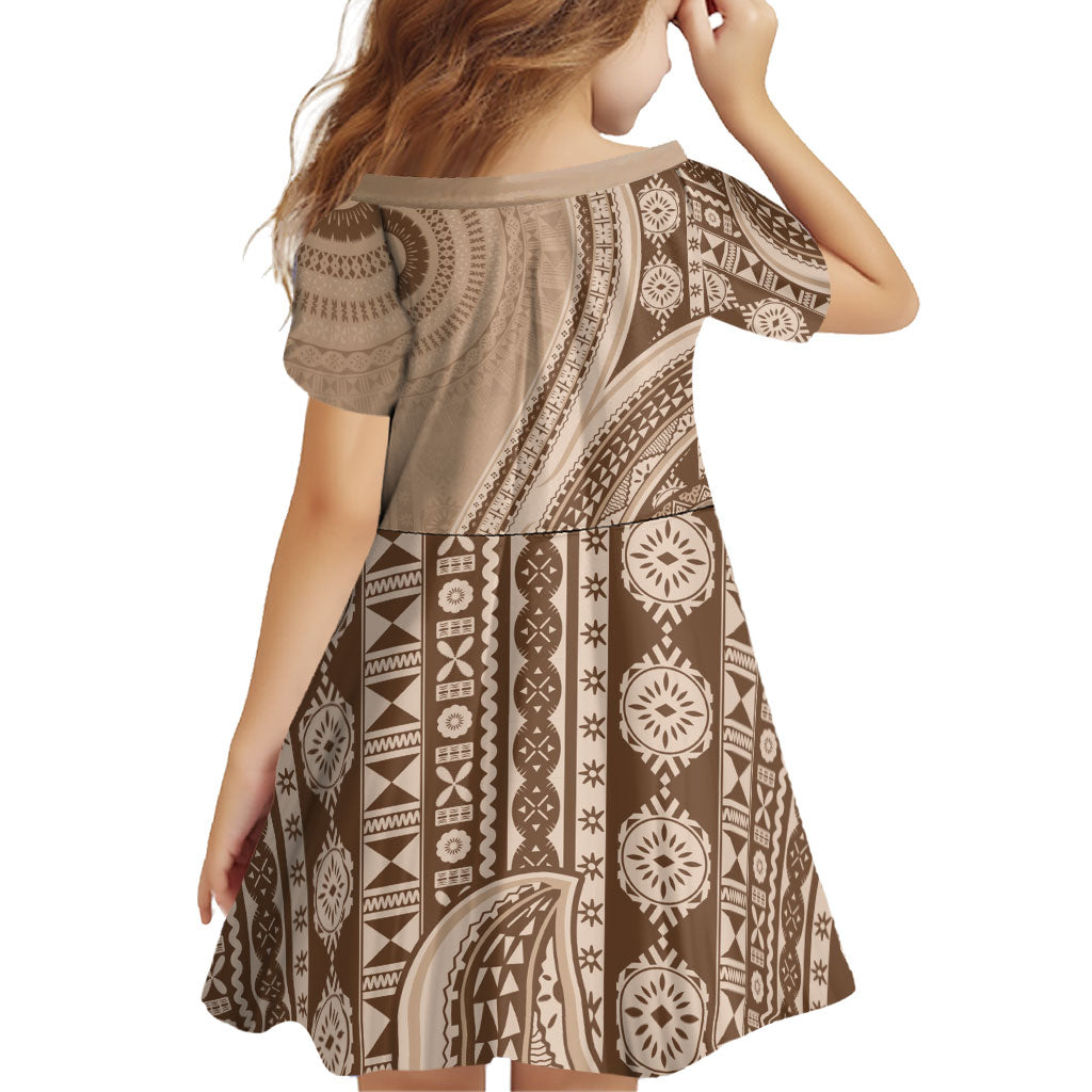 Bula Fiji Vintage Tapa Family Matching Short Sleeve Bodycon Dress and Hawaiian Shirt Kaivity Masi Wave Motifs - Mocha