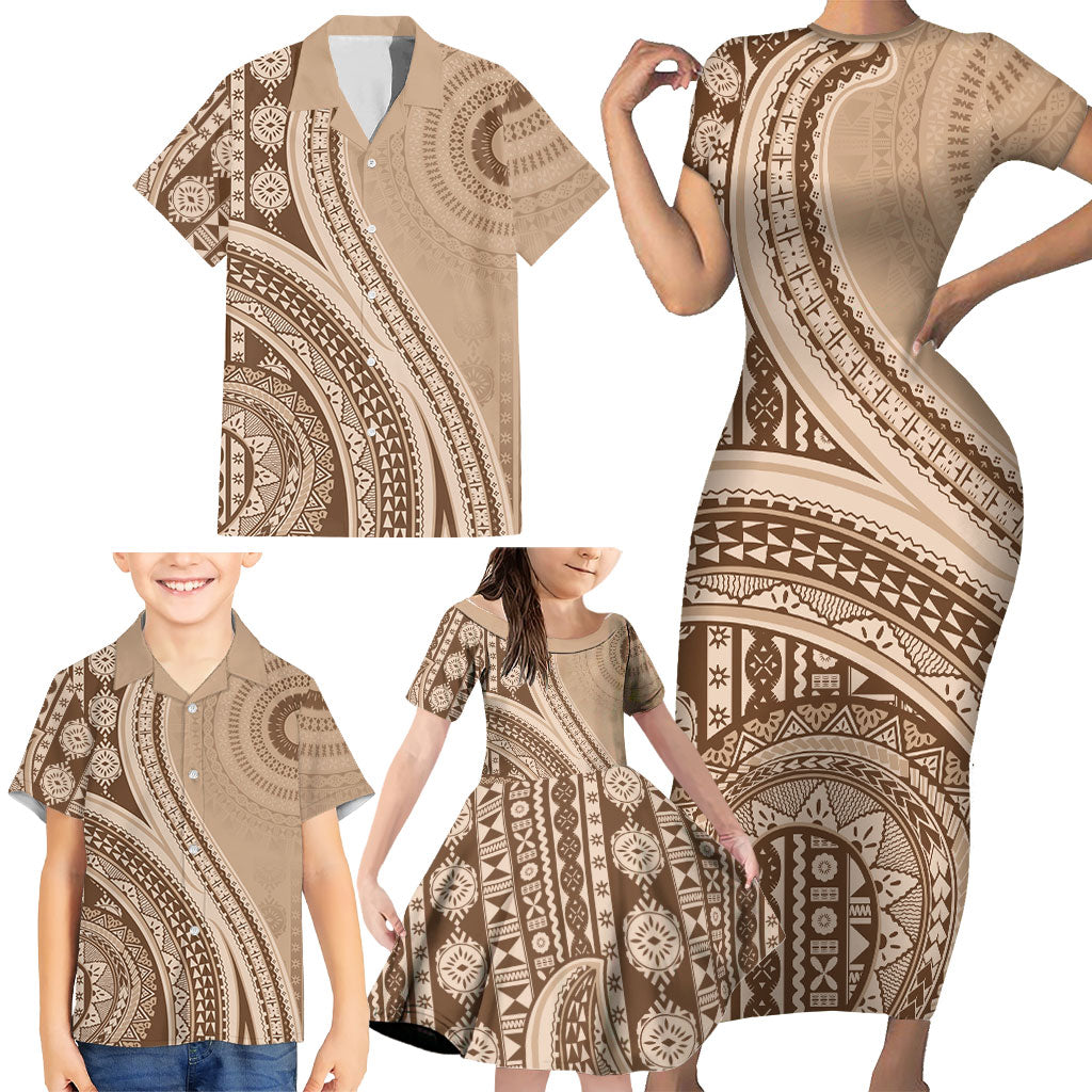 Bula Fiji Vintage Tapa Family Matching Short Sleeve Bodycon Dress and Hawaiian Shirt Kaivity Masi Wave Motifs - Mocha