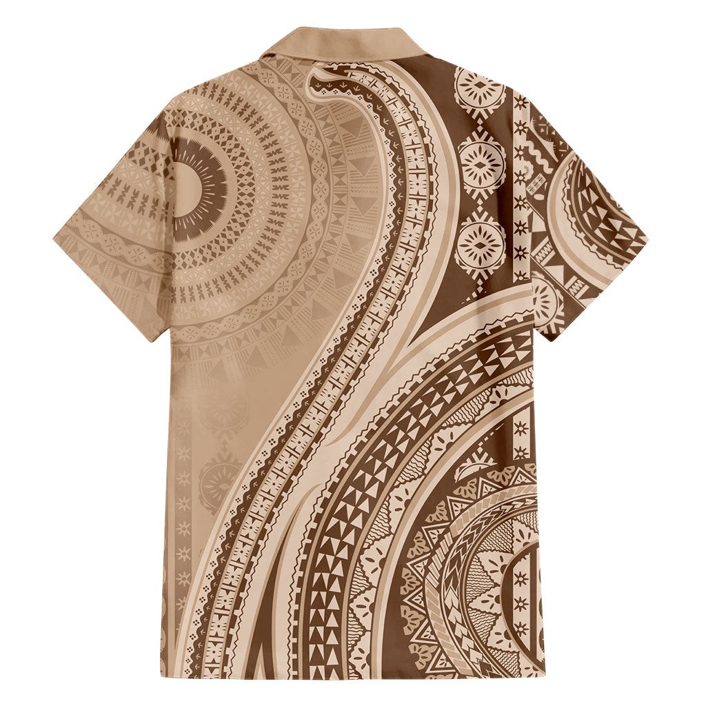 Bula Fiji Vintage Tapa Family Matching Short Sleeve Bodycon Dress and Hawaiian Shirt Kaivity Masi Wave Motifs - Mocha