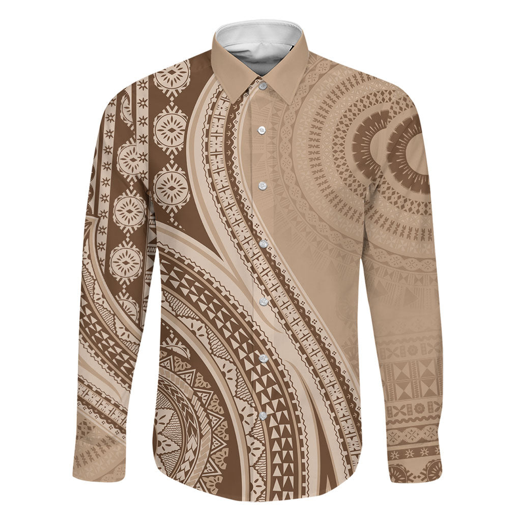 Bula Fiji Vintage Tapa Family Matching Short Sleeve Bodycon Dress and Hawaiian Shirt Kaivity Masi Wave Motifs - Mocha