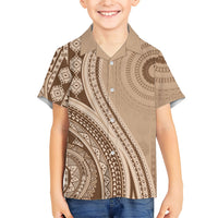 Bula Fiji Vintage Tapa Family Matching Short Sleeve Bodycon Dress and Hawaiian Shirt Kaivity Masi Wave Motifs - Mocha