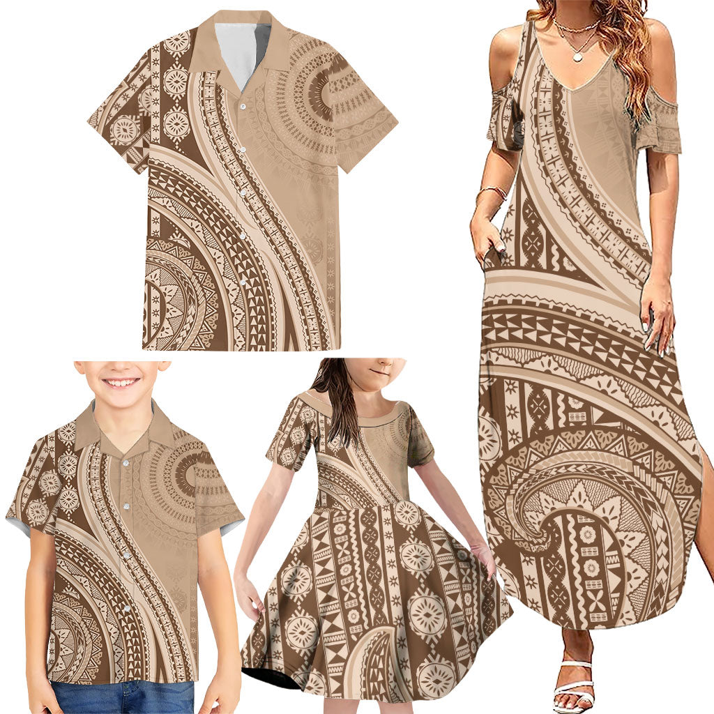 Bula Fiji Vintage Tapa Family Matching Summer Maxi Dress and Hawaiian Shirt Kaivity Masi Wave Motifs - Mocha