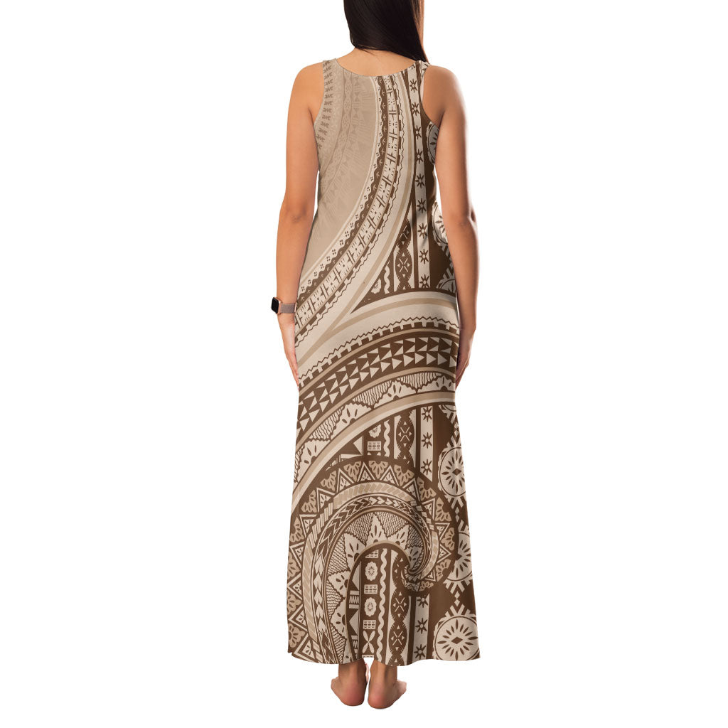 Bula Fiji Vintage Tapa Family Matching Tank Maxi Dress and Hawaiian Shirt Kaivity Masi Wave Motifs - Mocha