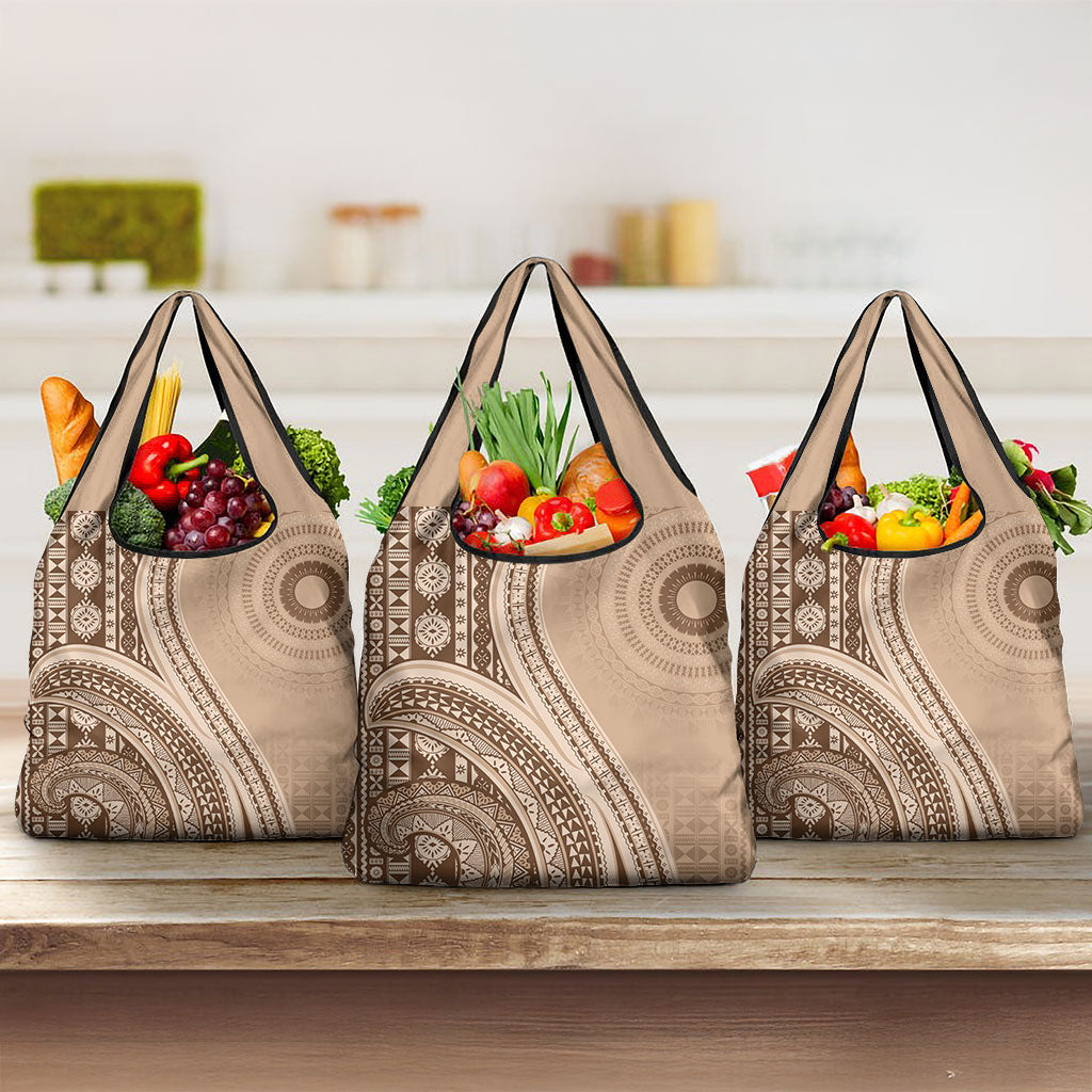 Bula Fiji Vintage Tapa Grocery Bag Kaivity Masi Wave Motifs - Mocha LT7 3-pack One Size Beige - Polynesian Pride