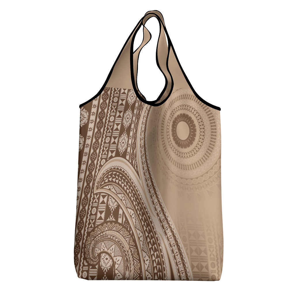 Bula Fiji Vintage Tapa Grocery Bag Kaivity Masi Wave Motifs - Mocha LT7 - Polynesian Pride