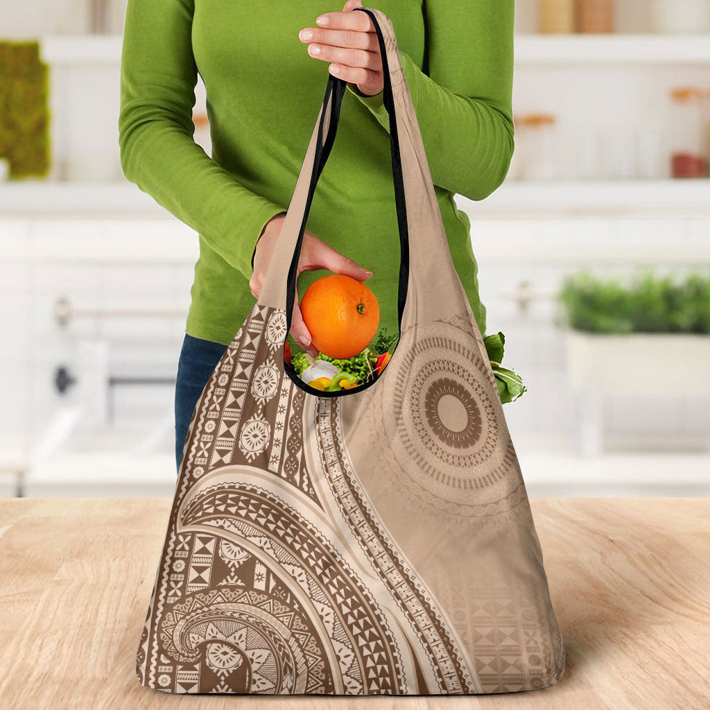 Bula Fiji Vintage Tapa Grocery Bag Kaivity Masi Wave Motifs - Mocha LT7 - Polynesian Pride