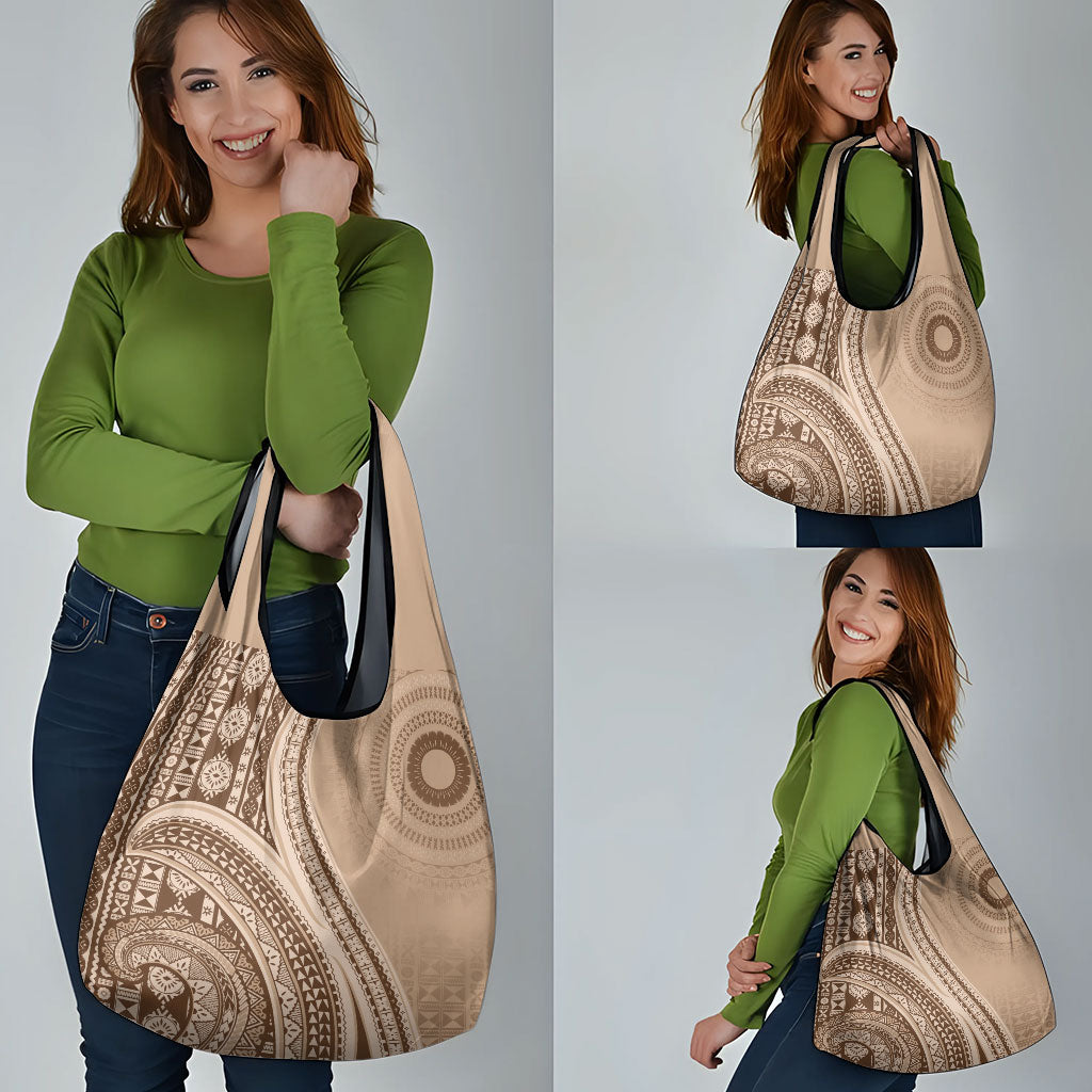 Bula Fiji Vintage Tapa Grocery Bag Kaivity Masi Wave Motifs - Mocha LT7 - Polynesian Pride
