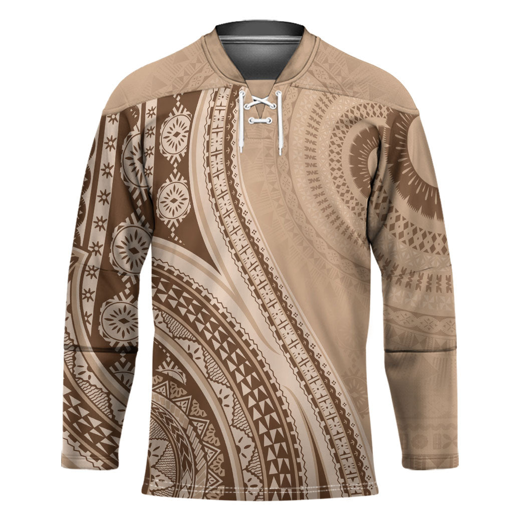 Bula Fiji Vintage Tapa Hockey Jersey Kaivity Masi Wave Motifs - Mocha LT7 Unisex Beige - Polynesian Pride