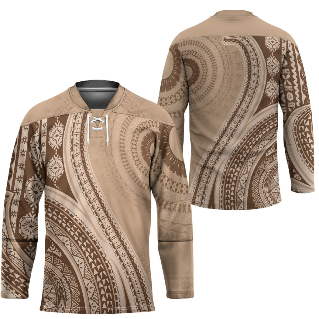 Bula Fiji Vintage Tapa Hockey Jersey Kaivity Masi Wave Motifs - Mocha LT7 - Polynesian Pride