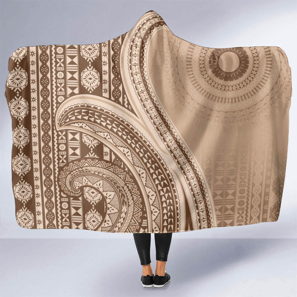 Bula Fiji Vintage Tapa Hooded Blanket Kaivity Masi Wave Motifs - Mocha LT7 One Size Beige - Polynesian Pride