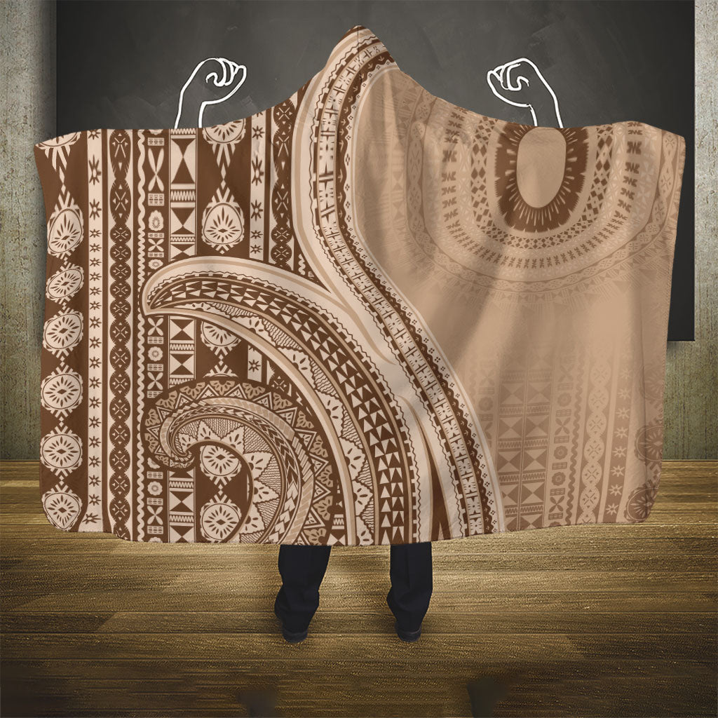 Bula Fiji Vintage Tapa Hooded Blanket Kaivity Masi Wave Motifs - Mocha LT7 - Polynesian Pride