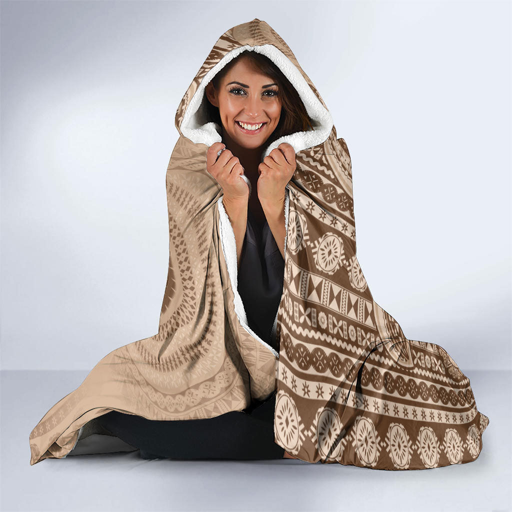 Bula Fiji Vintage Tapa Hooded Blanket Kaivity Masi Wave Motifs - Mocha LT7 - Polynesian Pride