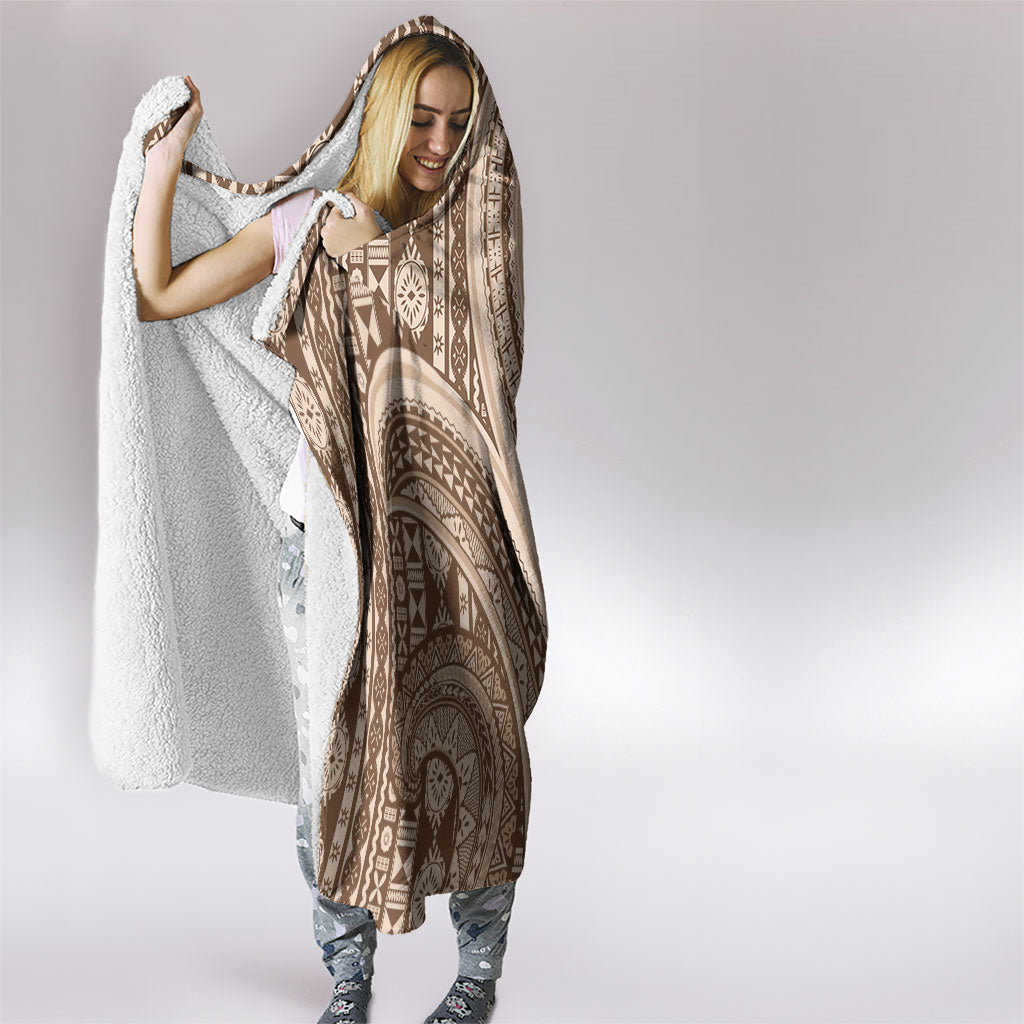 Bula Fiji Vintage Tapa Hooded Blanket Kaivity Masi Wave Motifs - Mocha LT7 - Polynesian Pride