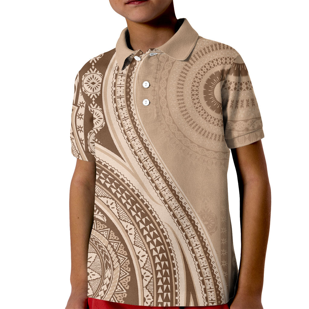 Bula Fiji Vintage Tapa Kid Polo Shirt Kaivity Masi Wave Motifs - Mocha