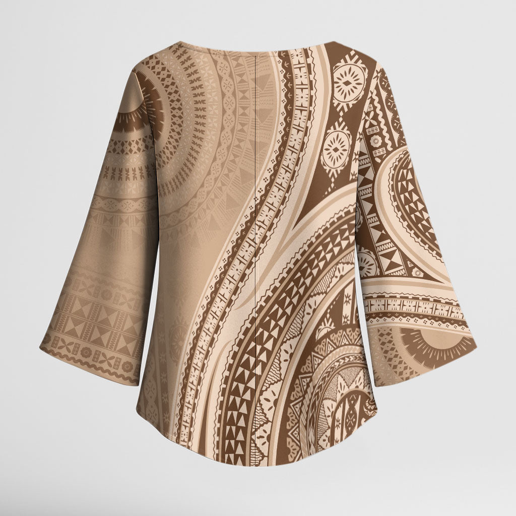 Bula Fiji Vintage Tapa Kimono Sleeve Blouse Kaivity Masi Wave Motifs - Mocha LT7 - Polynesian Pride