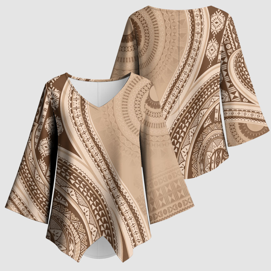 Bula Fiji Vintage Tapa Kimono Sleeve Blouse Kaivity Masi Wave Motifs - Mocha LT7 - Polynesian Pride