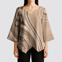Bula Fiji Vintage Tapa Kimono Sleeve Blouse Kaivity Masi Wave Motifs - Mocha LT7 - Polynesian Pride