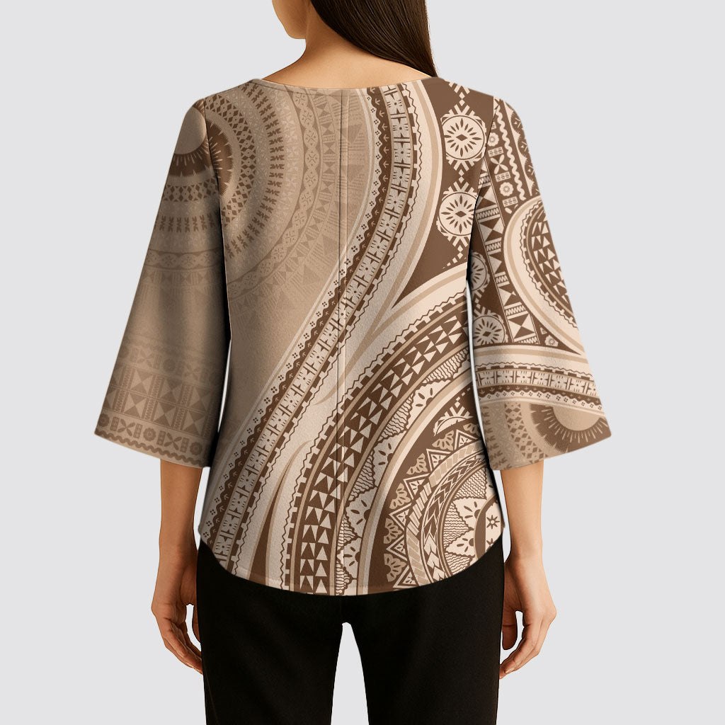 Bula Fiji Vintage Tapa Kimono Sleeve Blouse Kaivity Masi Wave Motifs - Mocha LT7 - Polynesian Pride