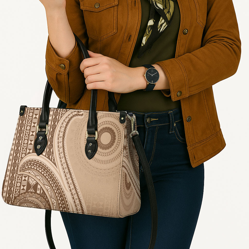 Bula Fiji Vintage Tapa Leather Bag Kaivity Masi Wave Motifs - Mocha LT7 - Polynesian Pride