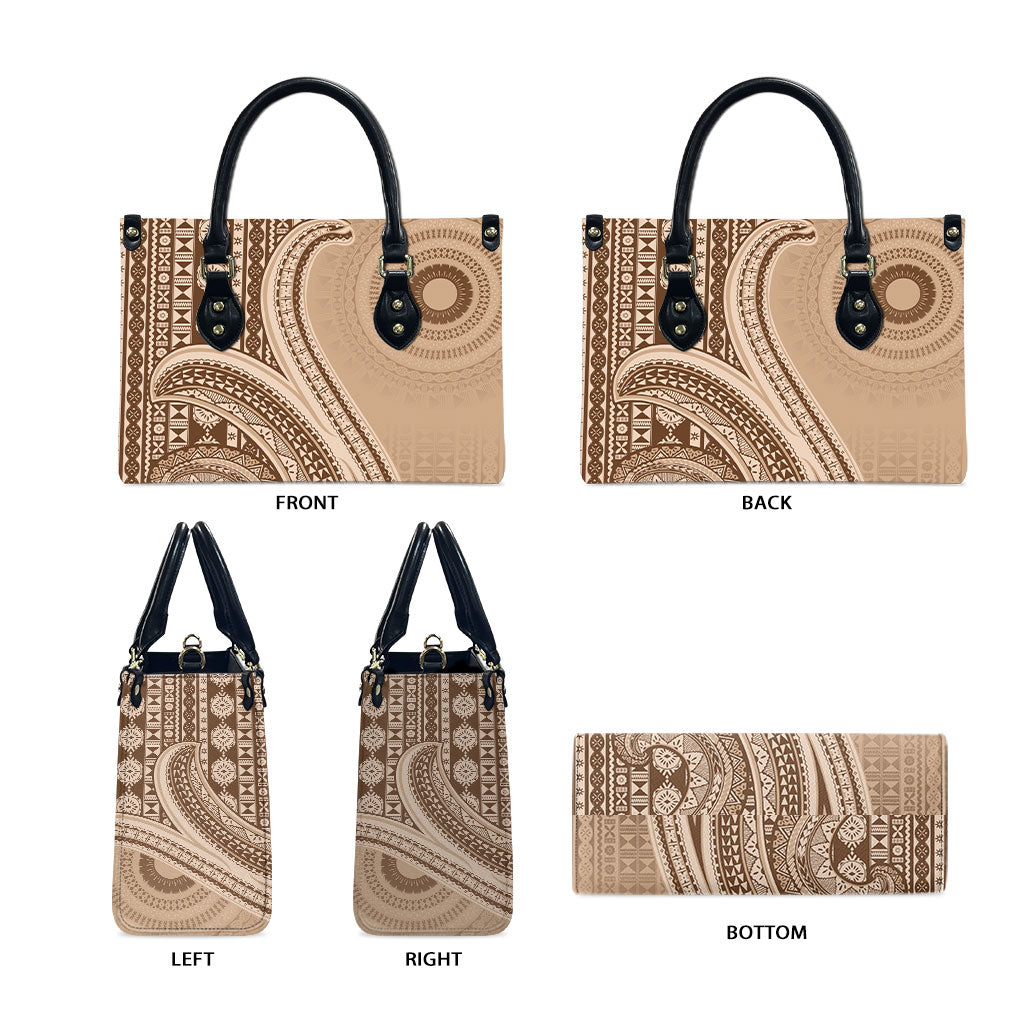 Bula Fiji Vintage Tapa Leather Bag Kaivity Masi Wave Motifs - Mocha LT7 - Polynesian Pride